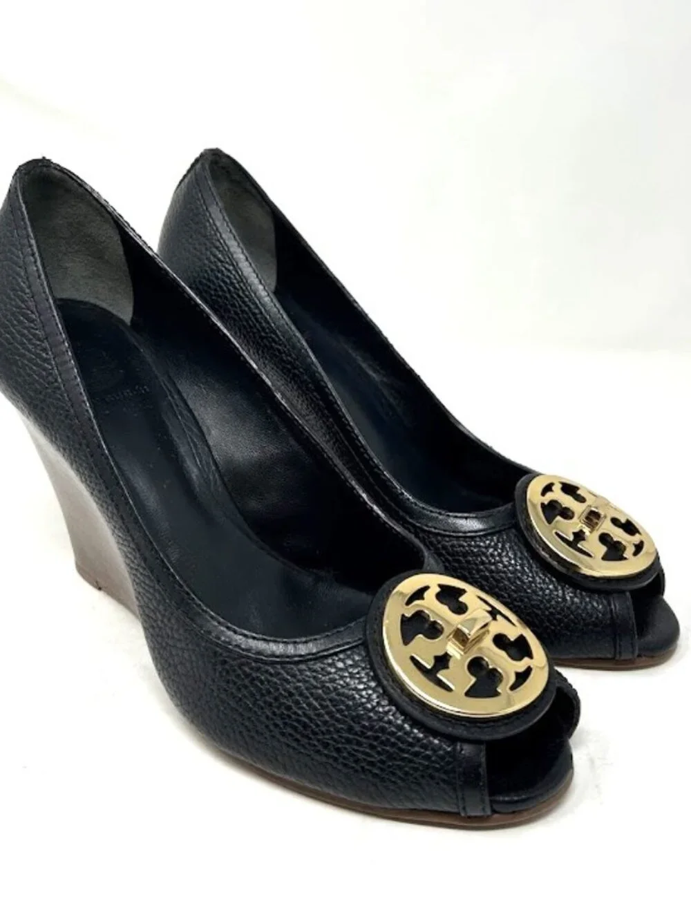 Tory Burch Selma Peep Toe Wedges-Black Pebbled Leather-Gold Logo Medallion 9.5